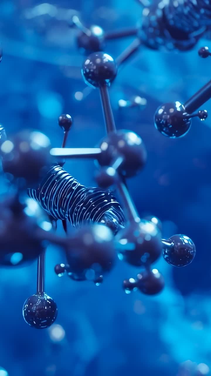 Vertical video: Orbiting camera capturing spheres and rods rotating in 3D space highlighting coil