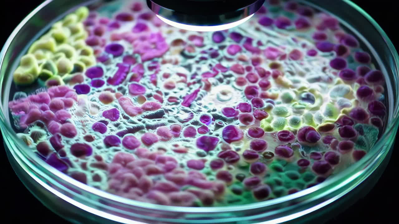 현미경 아래 페트리 접시에서 다채로운 미생물 배양