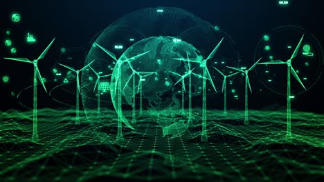 hologram wind turbine green energy concept, renewable energy production for green ecological world, wind farm technology abstract background, seamless loop 4k