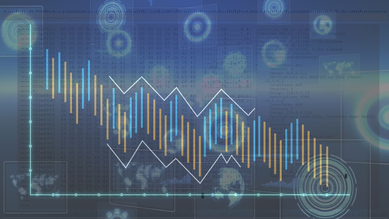 Animation of lines around graph over computer language against circles, globes and radars