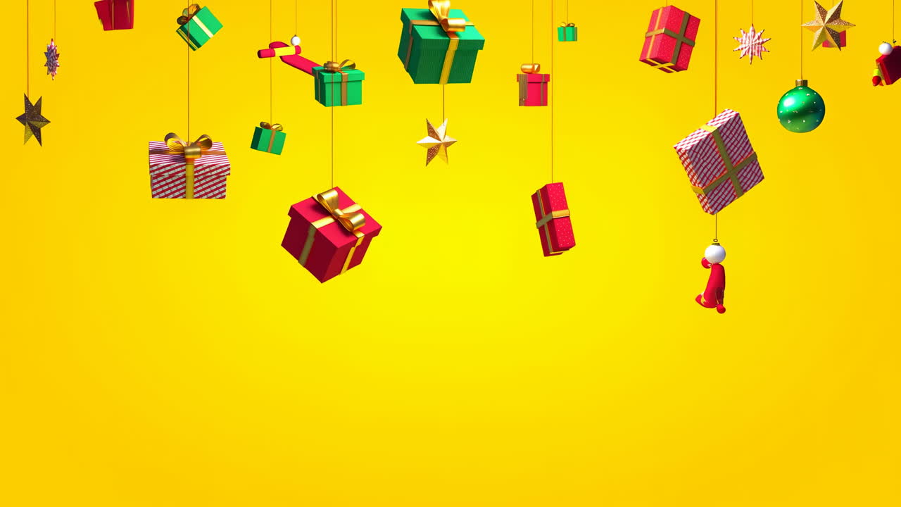 Hanging Gift Ornaments On Yellow Background Colorful Wrapped Presents And Baubles Suspended From Thin Strings