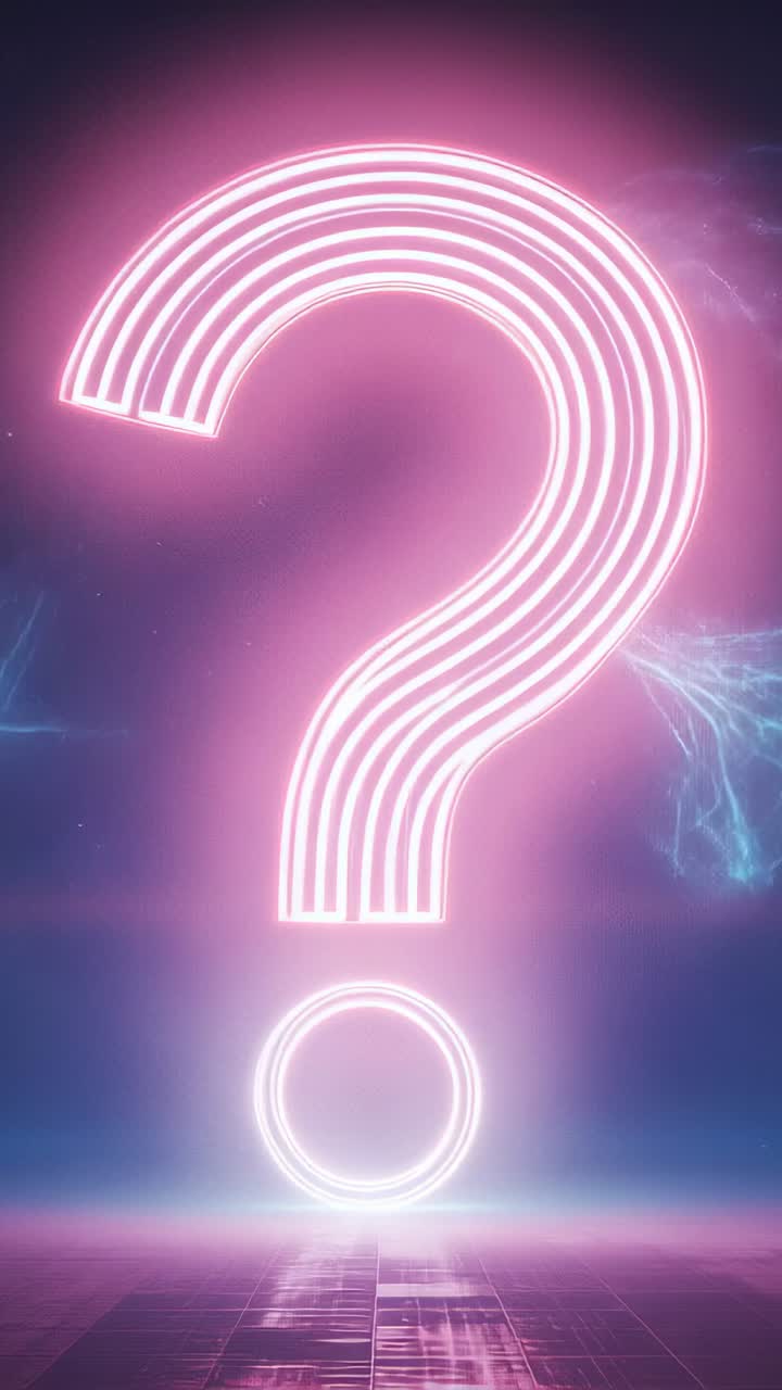 Vertical video: Pulsing neon question mark and dot glowing on futuristic stage, triggered by spark