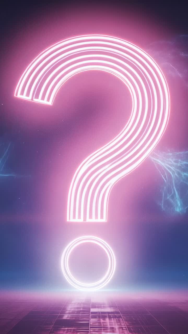 Video verticale: punto interrogativo e punto neon pulsanti che si illuminano su un palco futuristico, attivati da una scintilla