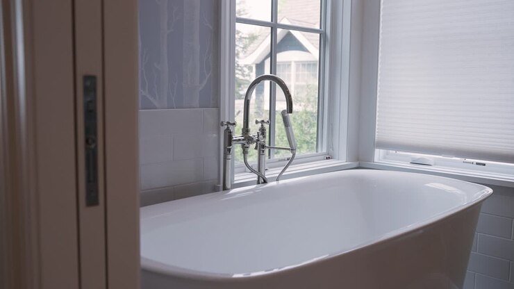 Closeup of white bathtub, silver spout, and blue wallpaper