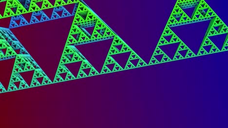 representación animada de un conjunto tridimensional de mandelbrot, 3d, triángulos verdes, amarillos, rojos y azules, extracción y giro de 180 grados