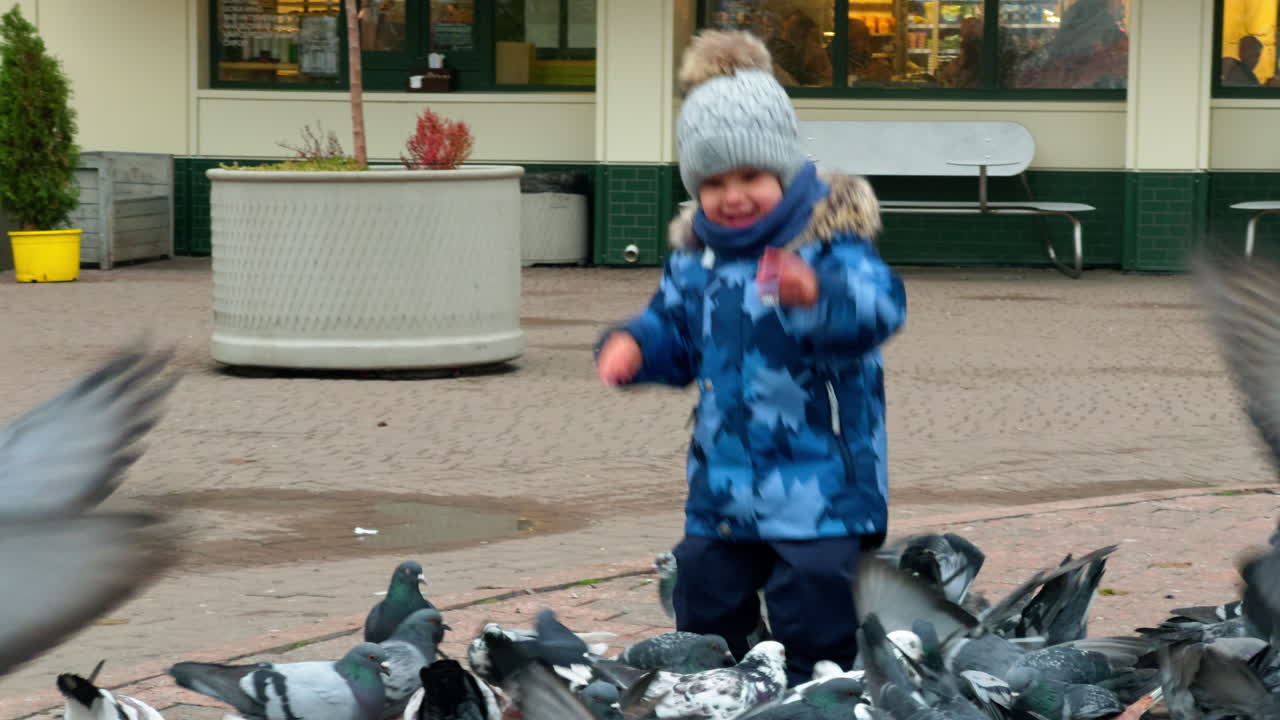 Cute baby boy in warm clothes stands near the crowd of pigeons. Toddler rejoices when birds fly up.
