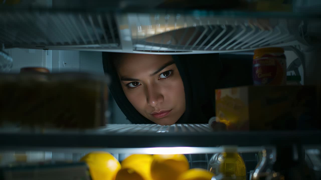 Opening fridge door, woman in dark hoodie searching shelves in kitchen for food with yellow fruits