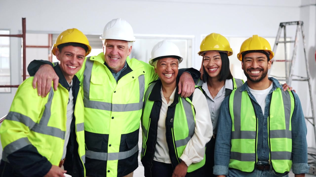 Diverse Group of Construction Workers Smiling Together at Building Site