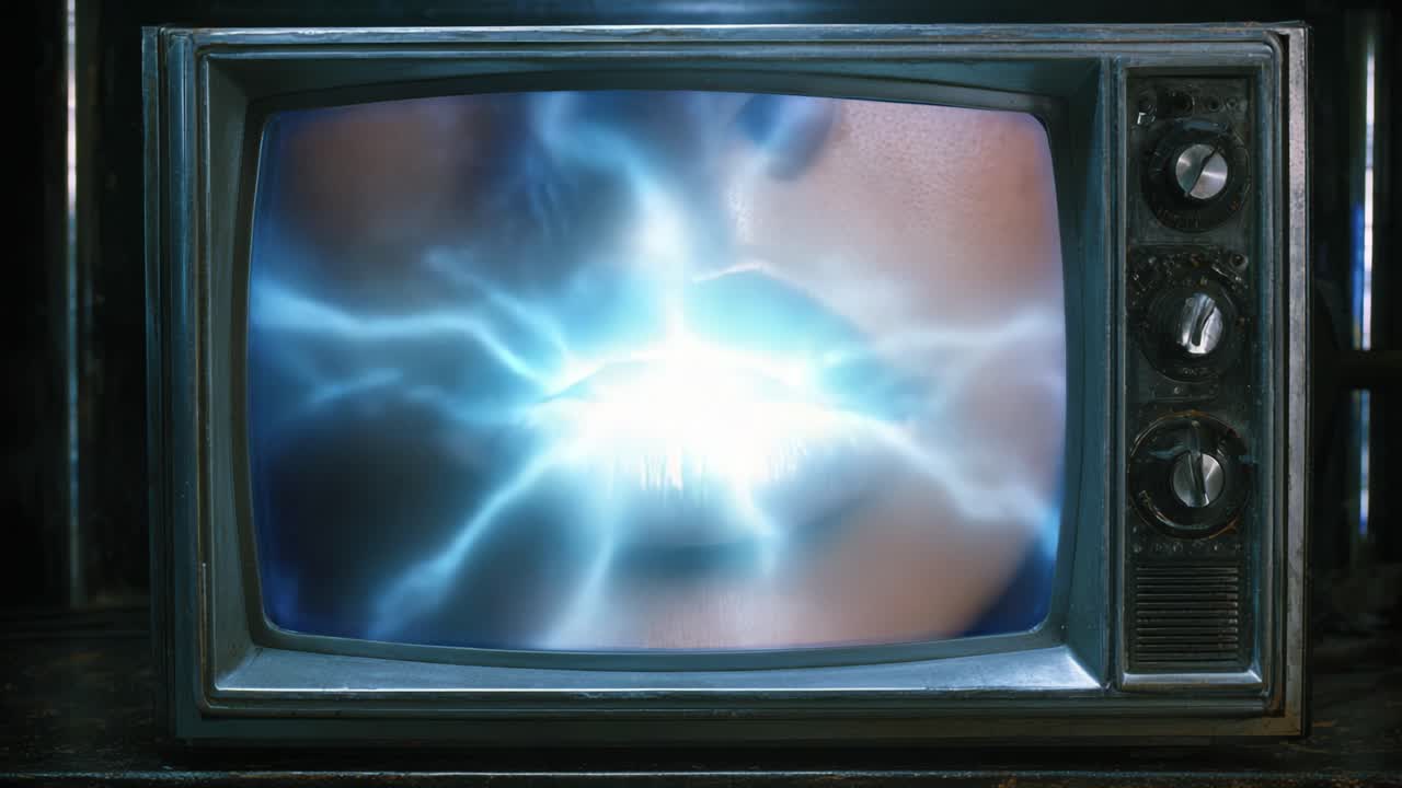 Una manifestazione surreale di energia e suono che emerge da uno schermo televisivo, con labbra elettrizzanti che brillano di luce dinamica e vibranti effetti energetici.