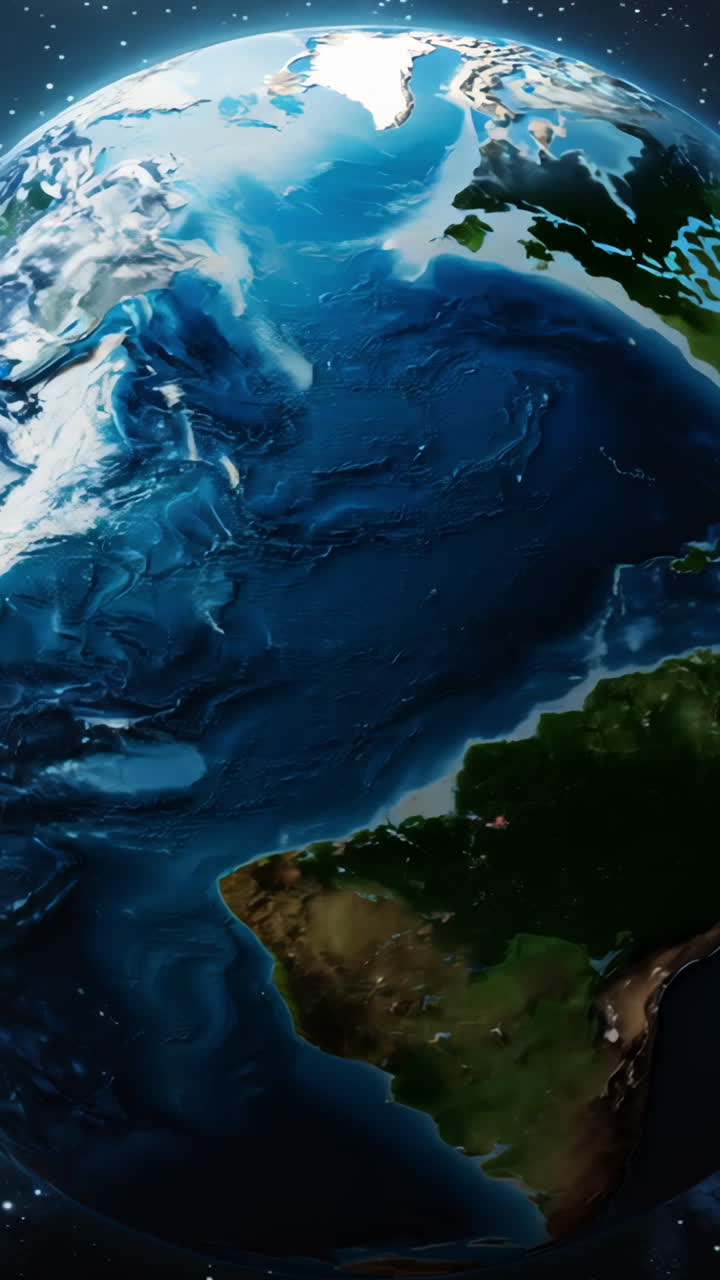 A large blue and green planet in space. The planet is surrounded by stars and the sky is dark