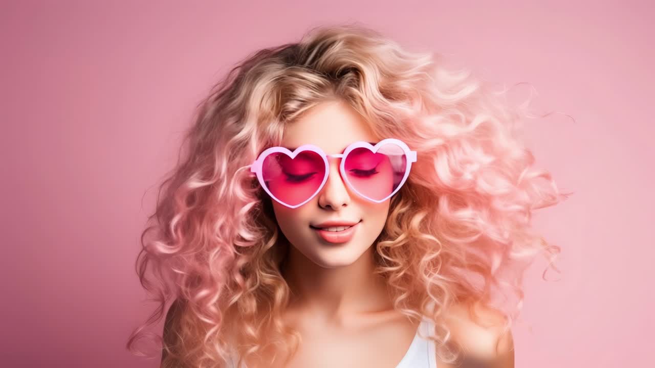 Studio portrait of a smiling young woman with voluminous pink curly hair, wearing heart shaped sunglasses, posing against a vibrant pink background, creating a playful and stylish image