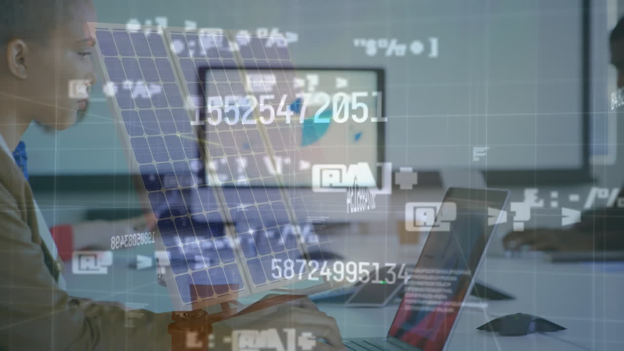 Animation of financial data processing over diverse business people using electronic devices