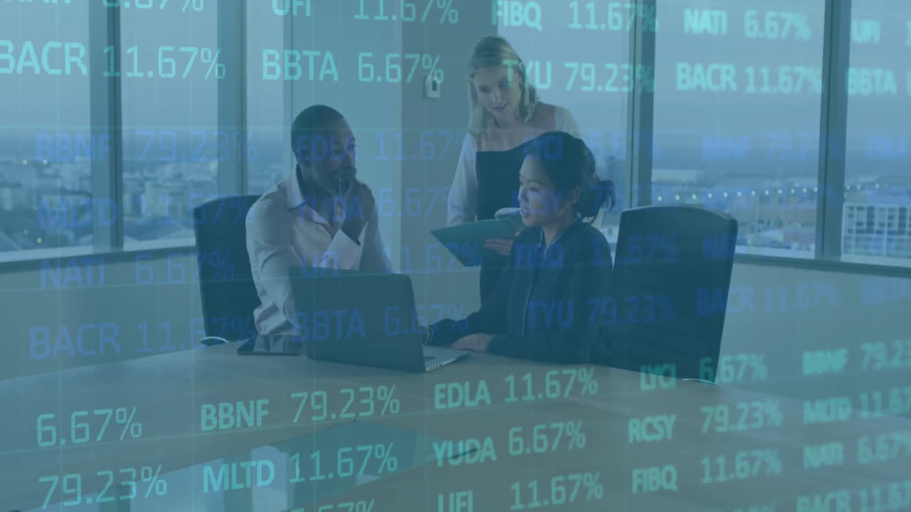 Animation of stock market over business people talking in office