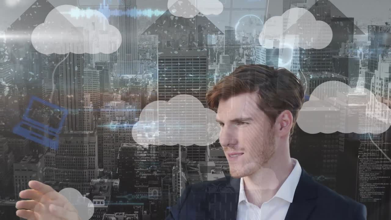 Animation of caucasian businessman over cloud icons and cityscape