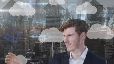 animación de un hombre de negocios caucásico sobre iconos de nubes y paisaje urbano
