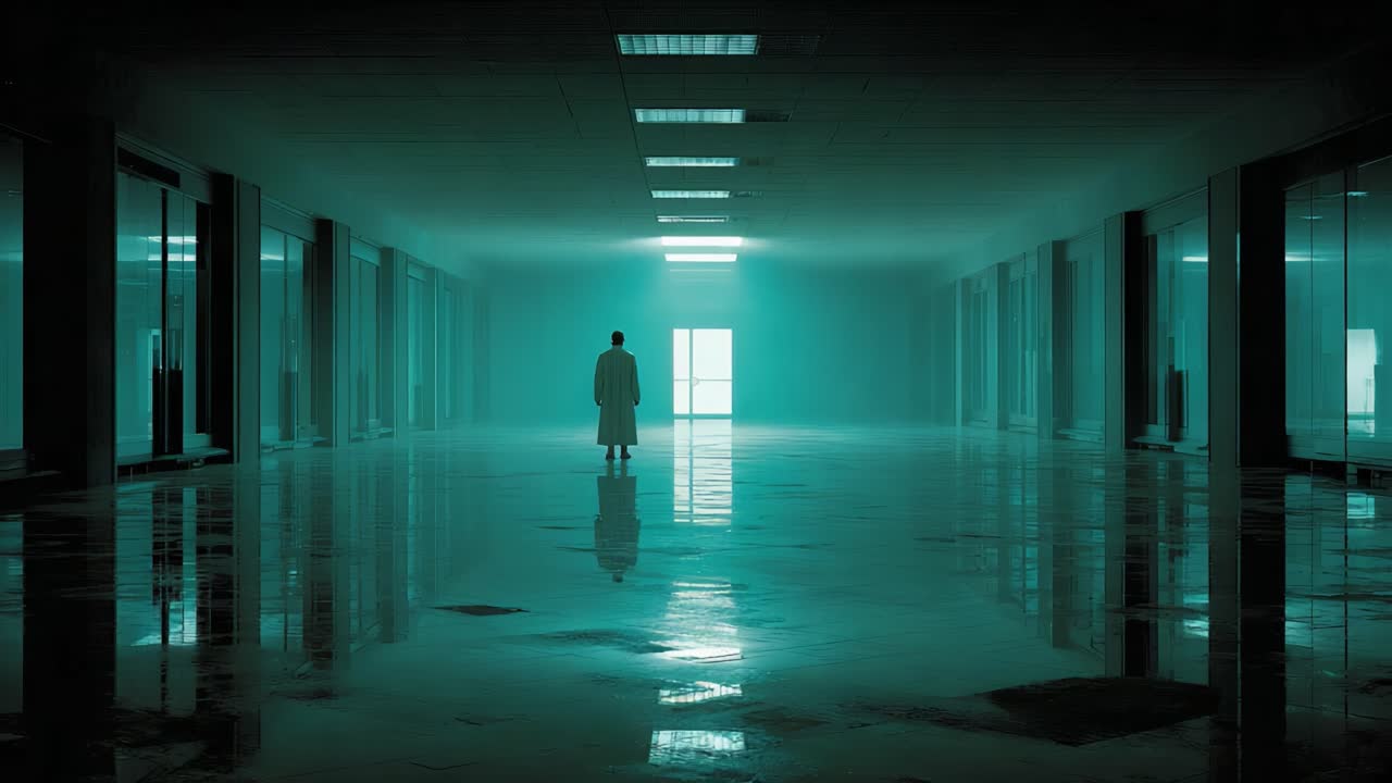 A solitary figure stands in a dimly lit, reflective corridor, evoking a sense of mystery and isolation amidst the stark architecture and ethereal lighting
