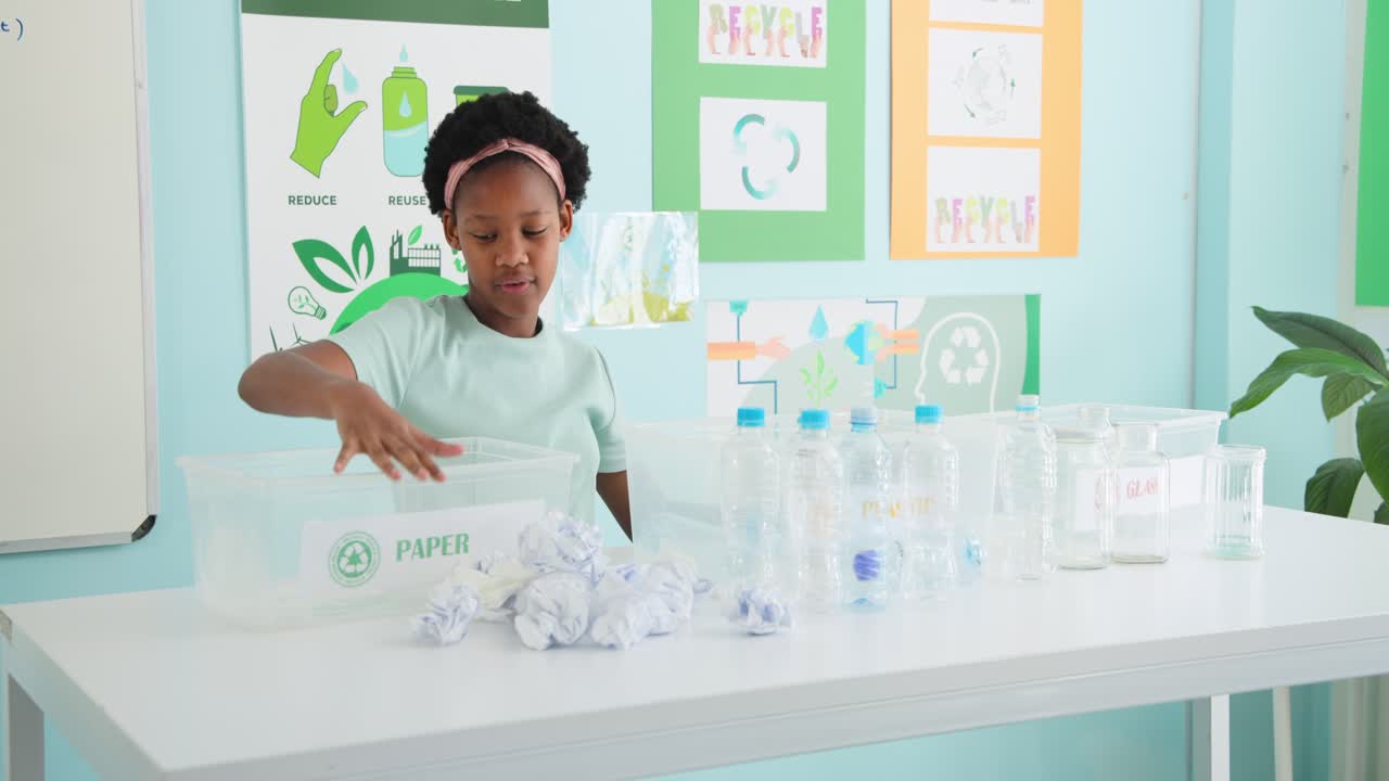 African American teen pointing at poster, starting demo, sorting bottles into PAPER bin at school