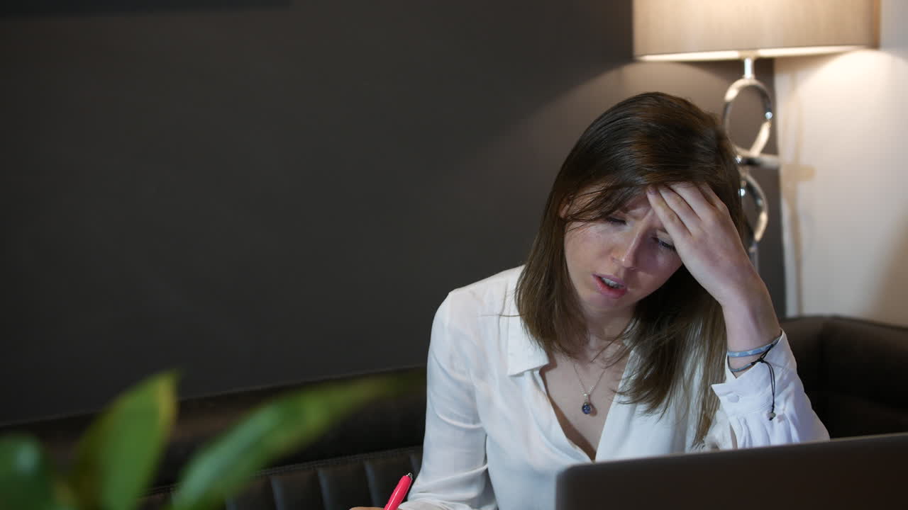 Overworked stressed young business woman struggling with debts and paperwork working at home in front of laptop in kitchen