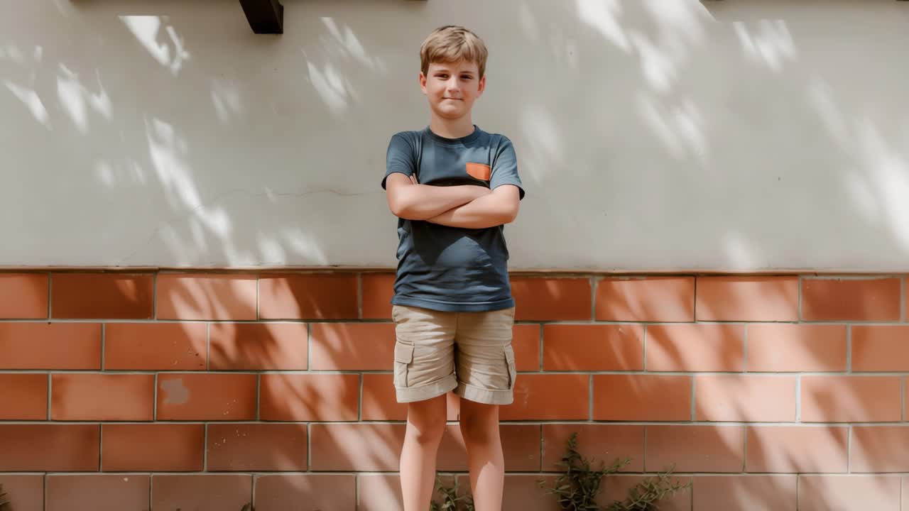 Confident young boy stands with arms crossed against a textured wall, illuminated by sunlight, creating a warm and inviting atmosphere in the scene