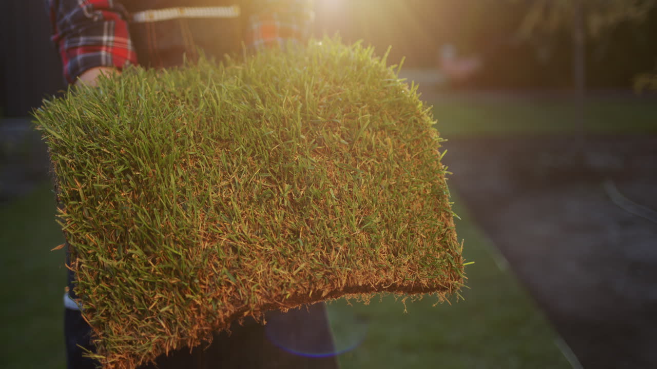 The farmer's hands are holding a piece of land with green grass. Land trade and ecology concept