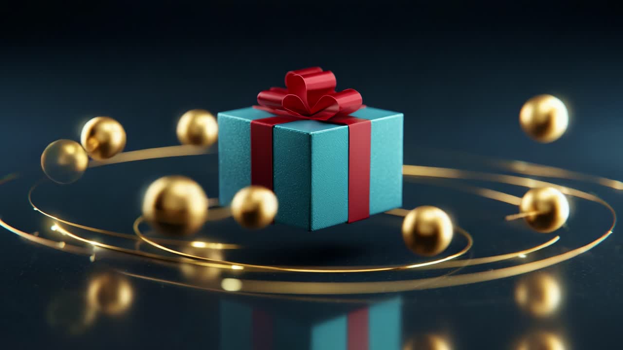 A Festive Gift Box Floating in Space Surrounded by Golden Orbs, Perfectly Capturing the Spirit of Celebration, Holidays, and Joyful Occasions with a Vibrant Aesthetic