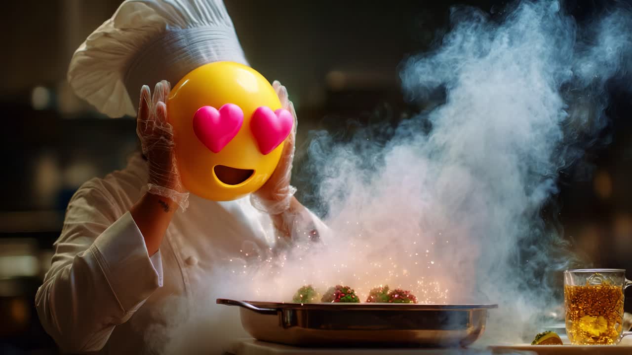 Uno chef con gli occhi a cuore che prova piacere culinario mentre crea piatti deliziosi, catturando la passione e la creatività della cucina in un ambiente di cucina fumante