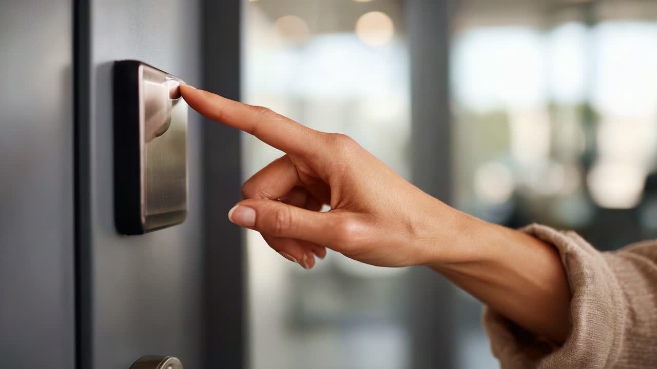 Close-Up of a Hand Pressing a Button on a Door Security System in a Contemporary Space, Highlighting Modern Technology and Access Control Innovations