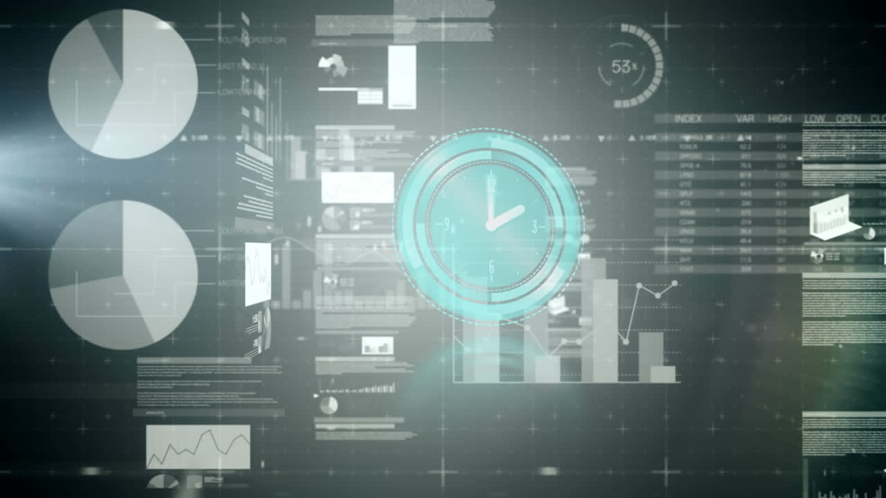 Animation of clock moving fast over statistics and financial data processing