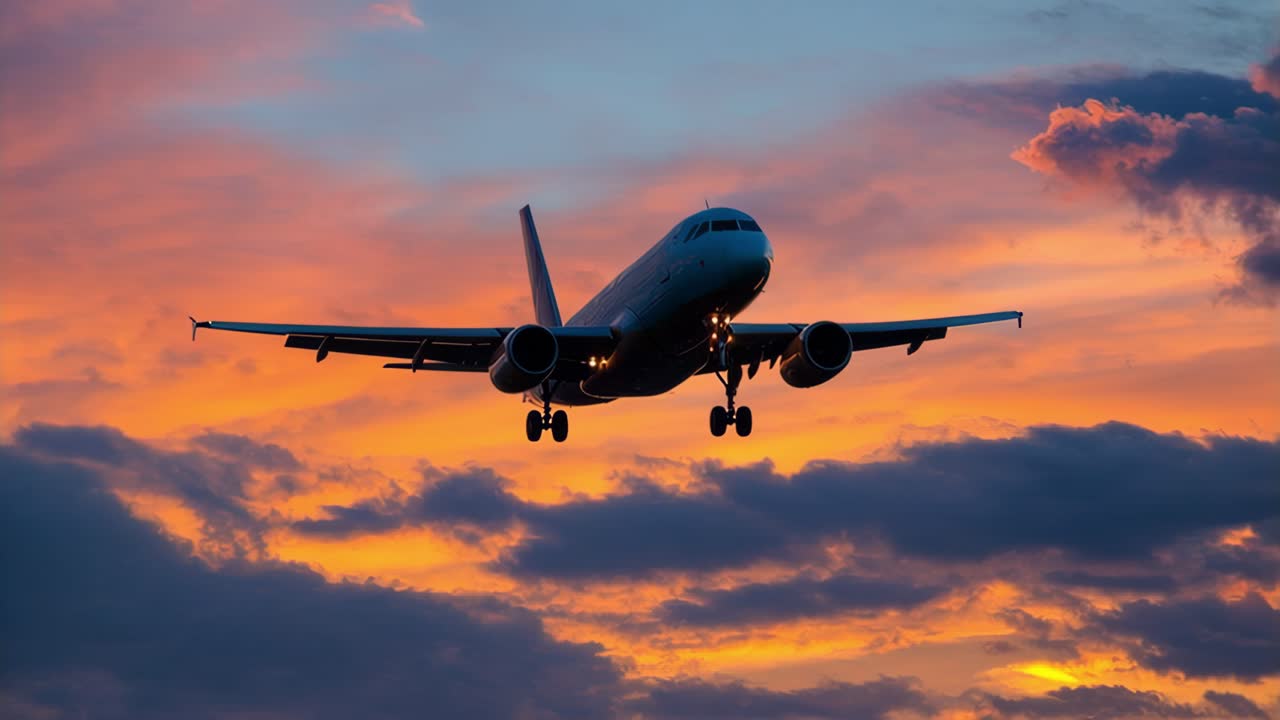 Jet plane approaching runway during a breathtaking sunset, creating a stunning travel and aviation scene with orange and purple hues illuminating the sky