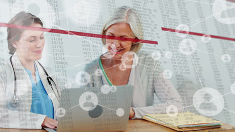 animación de conexiones a través de números y mujeres médicas caucásicas
