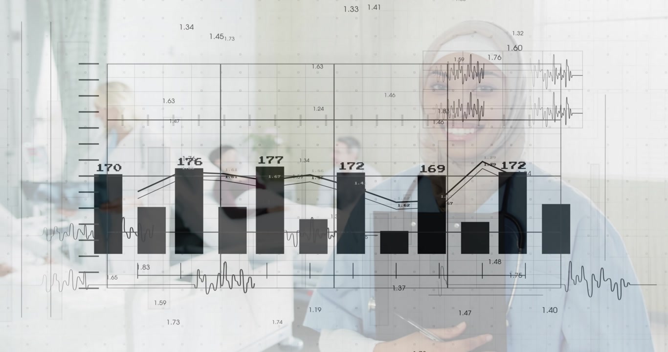 Overlay animating patient metrics, doctor noting data, nurse adjusting IV, assistant passing tray