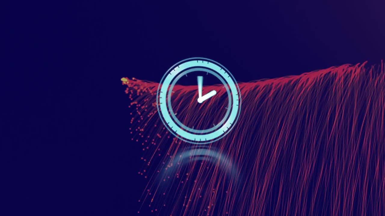 Animation of clock and red trails on dark blue background