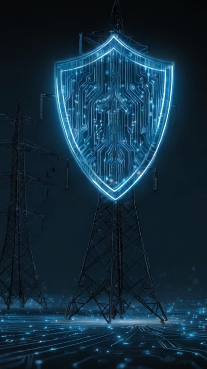 A Futuristic Blend of Power and Protection: Electric Towers Adorned with Digital Shields Symbolizing Security, Innovation, and Technological Advancement
