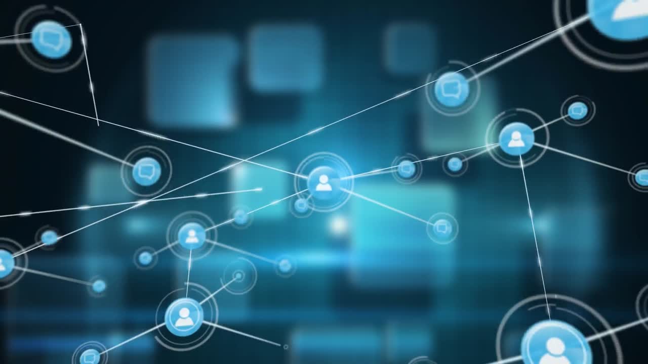 animación digital de la red de conexiones contra formas cuadradas azules sobre fondo negro