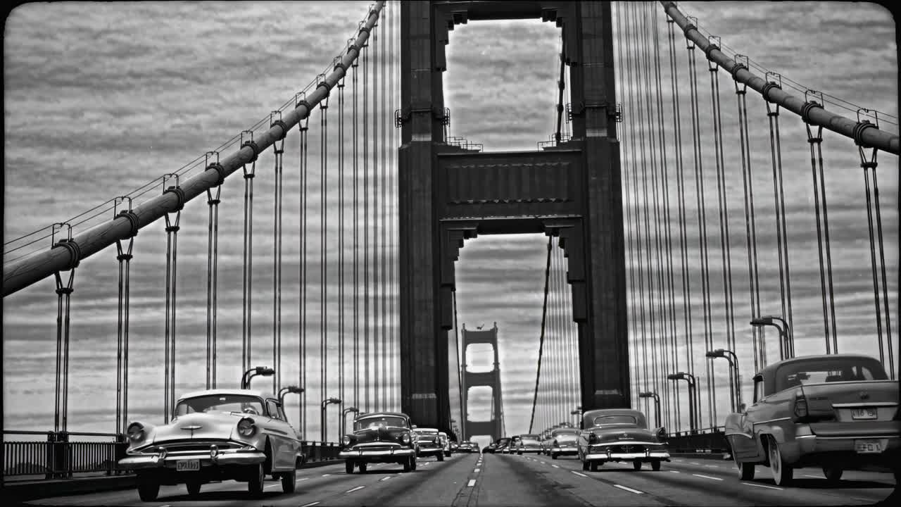 Siyah Beyaz Golden Gate Köprüsü'nden Geçen Klasik Arabalar