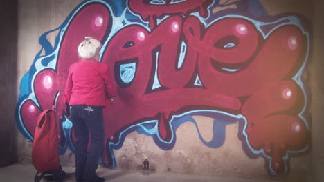 rebel grandma graffiti artist against an urban wall