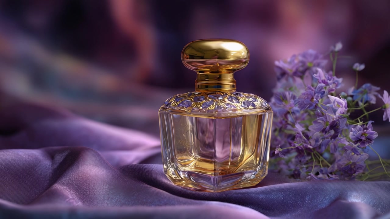 Elegante flacone di profumo circondato da fiori di lavanda su un drappeggio morbido, che cattura l'essenza del lusso e della bellezza in una composizione visivamente sbalorditiva.