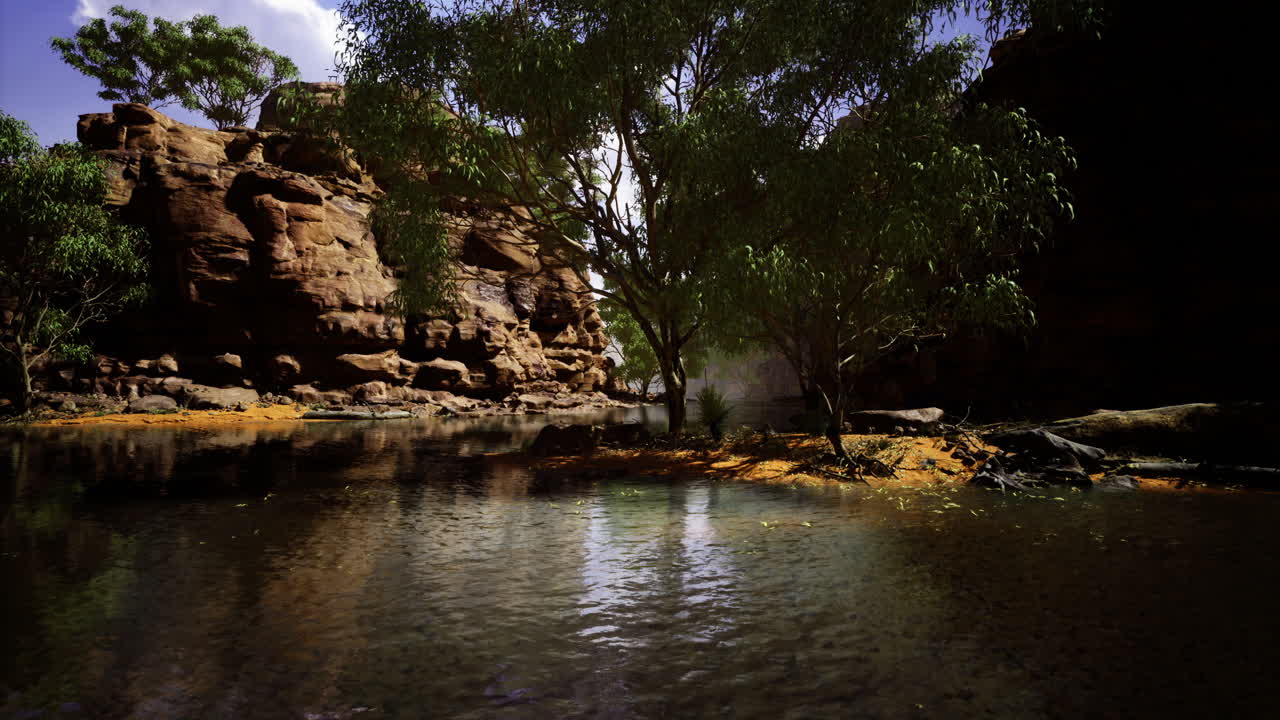 Serene oasis nestled among rocky cliffs in a tranquil landscape at dusk