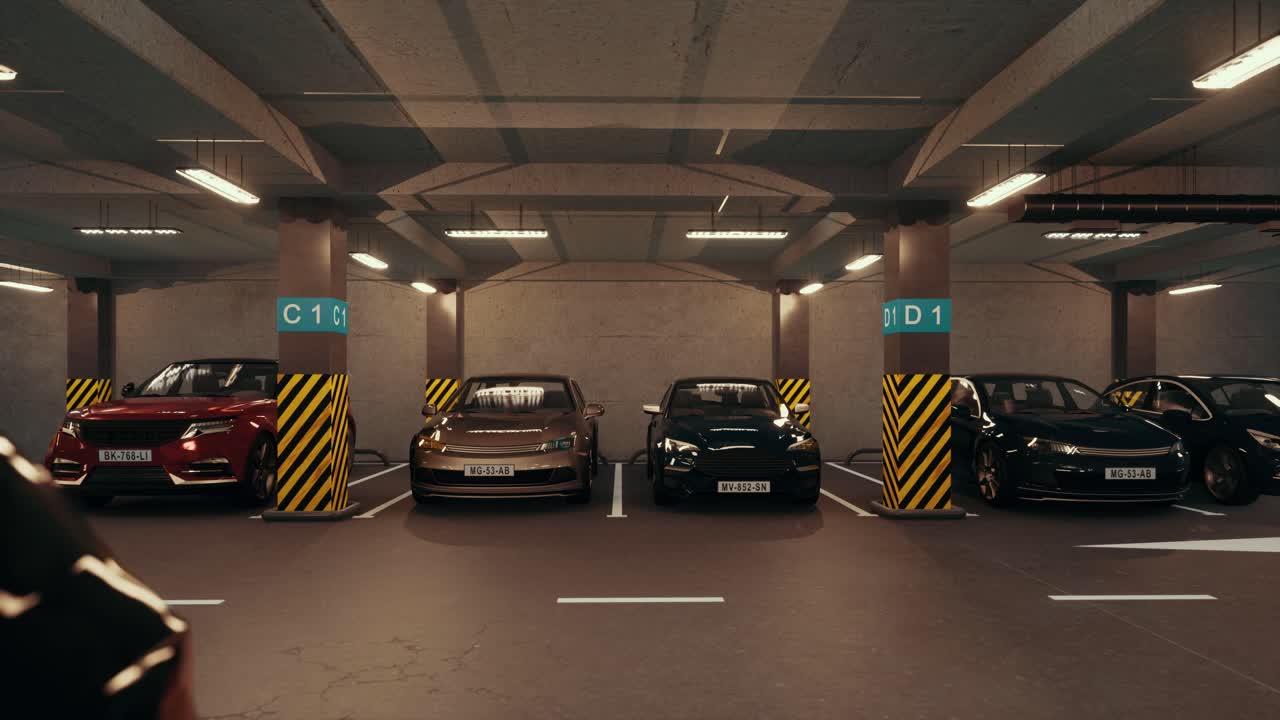 Underground parking with cars. Modern underground parking. Indoor full modern parking