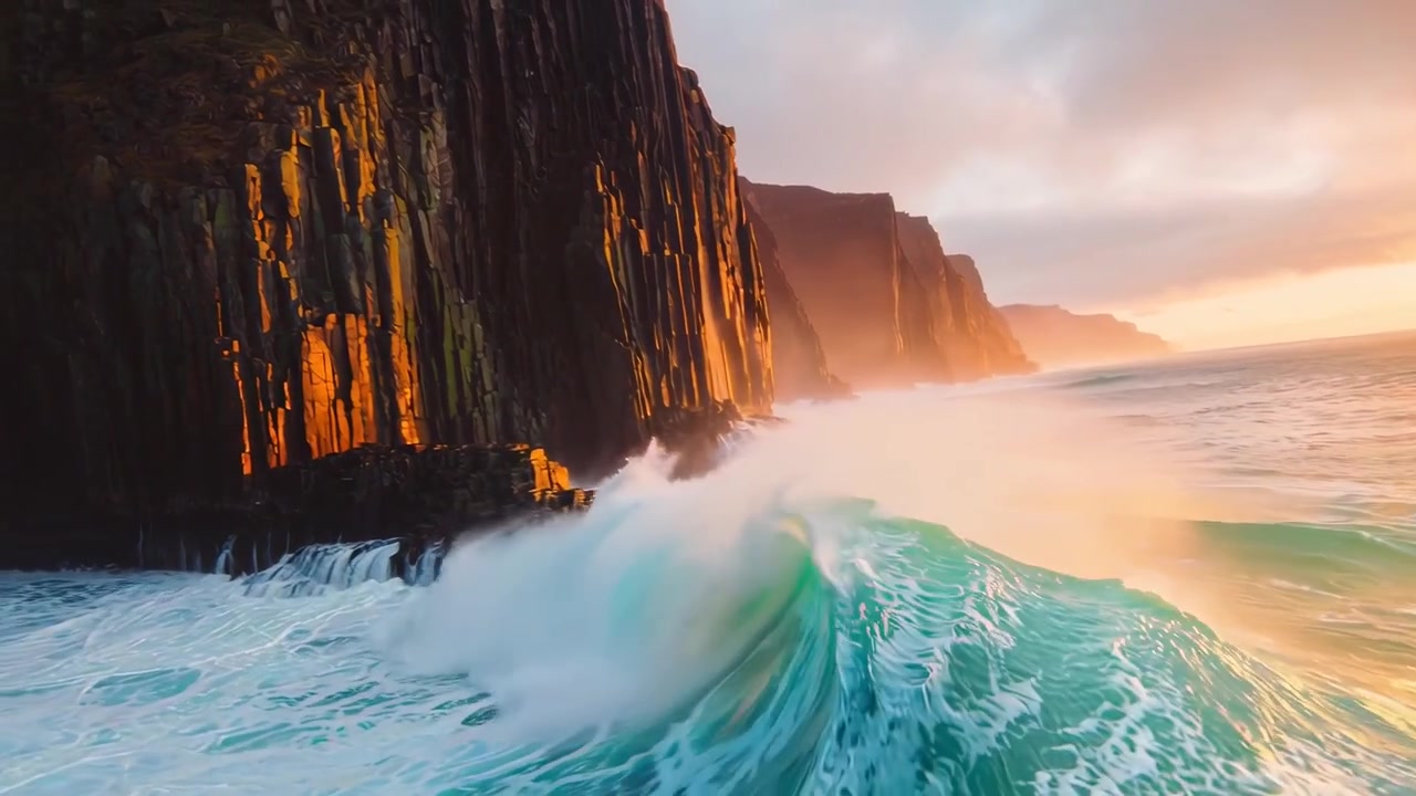 Powerful Ocean Waves Crashing Against Dramatic Coastal Cliffs at Sunset