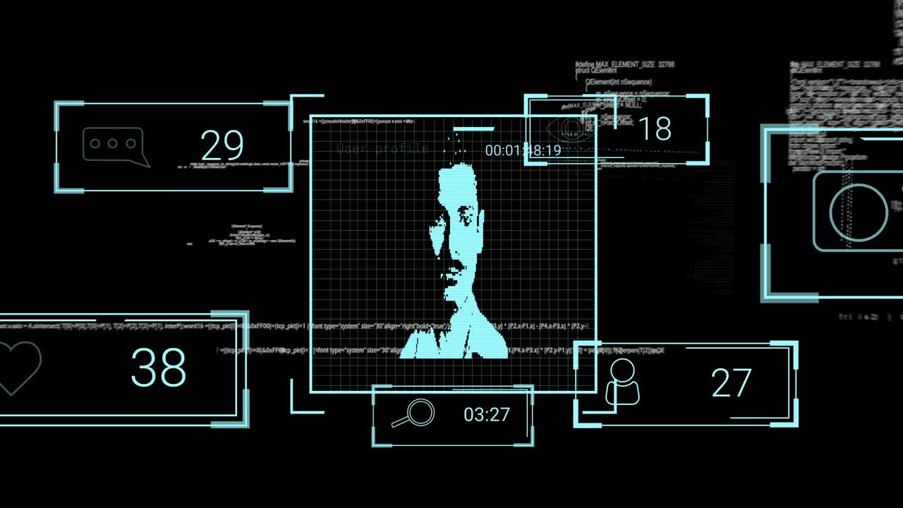 анимация фотографий пользователей, реакций в социальных сетях и обработка данных на черном фоне