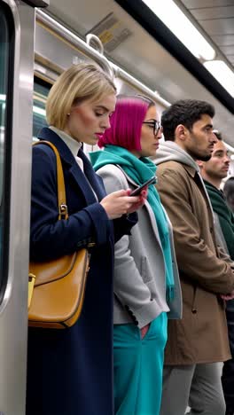 diverse group of commuters standing on a crowded metro platform, waiting for the train.