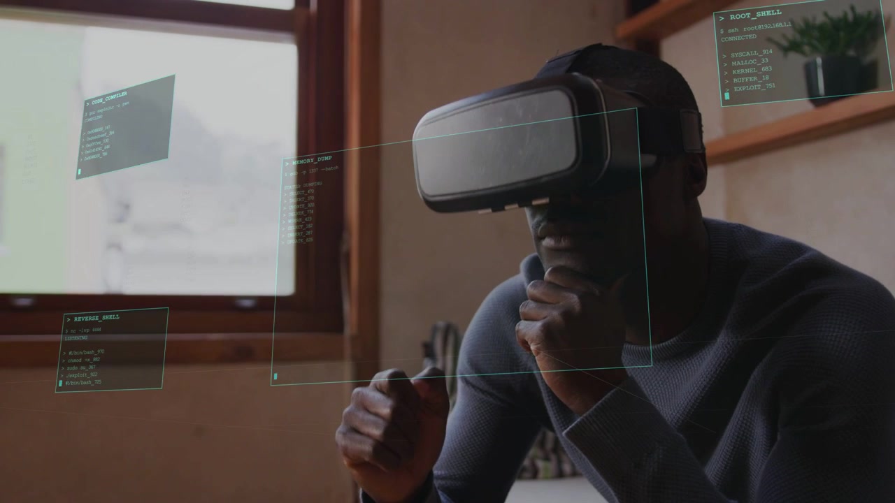 Man wearing VR headset resting chin, reaching and tapping translucent HUD menus for tech navigation