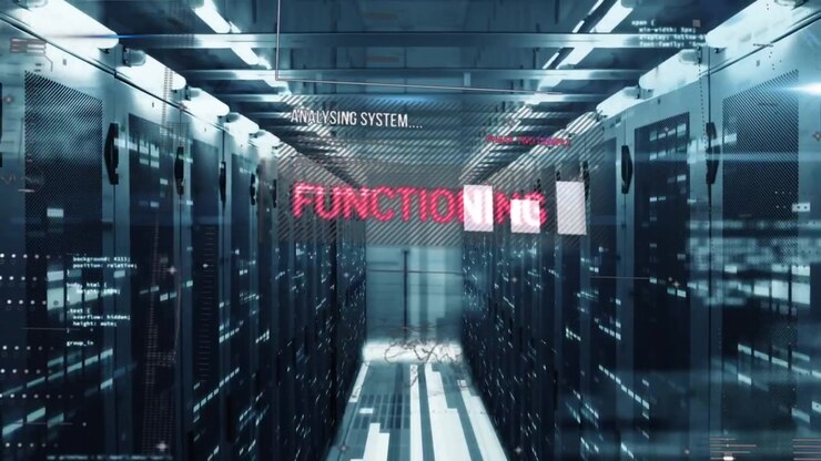 Digital Data Center Server Room with Futuristic HUD Interface