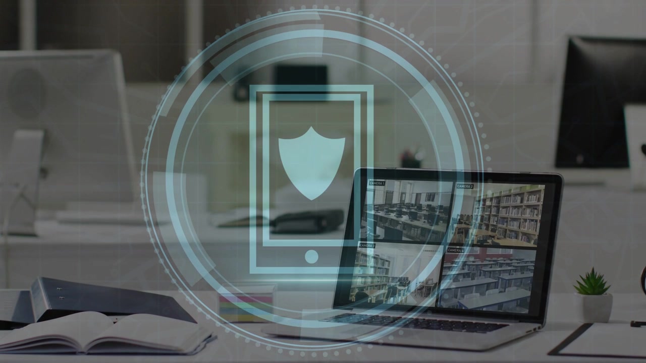 Cyber Security text appearing, HUD rings expanding and phone-with-shield forming, protecting laptop