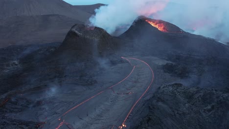 solidifying lava stream on slope of active fagradalsfjall volcano in iceland