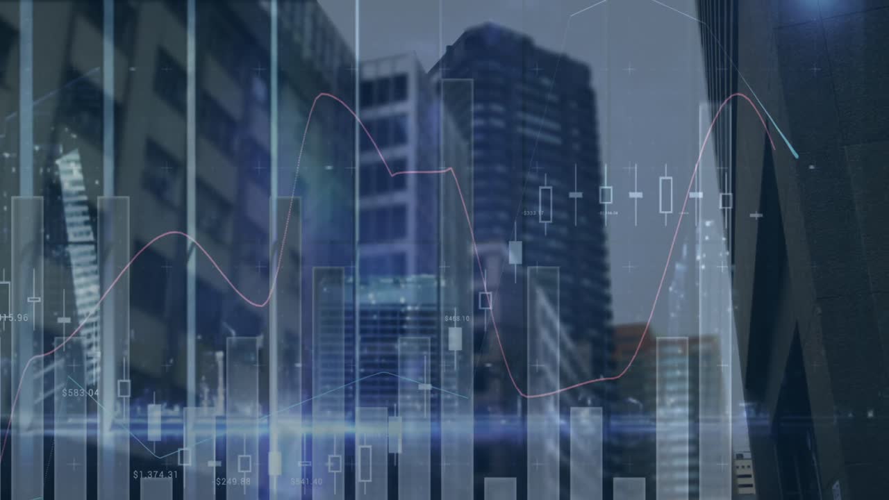 animación de estadísticas y procesamiento de datos financieros en edificios de oficinas