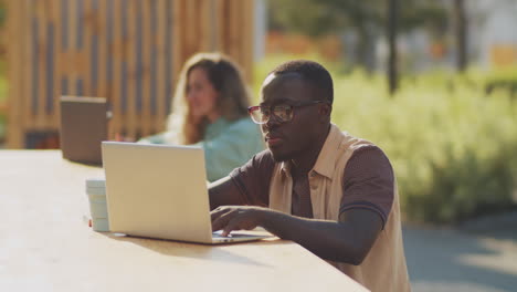 freelancer afroamericano trabajando en una computadora portátil en un parque