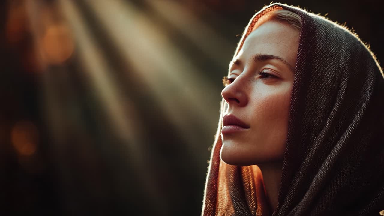 Una donna serena avvolta in uno scialle si erge sotto la morbida luce del sole, con il viso illuminato da dolci raggi, evocando sentimenti di pace e contemplazione in un contesto tranquillo