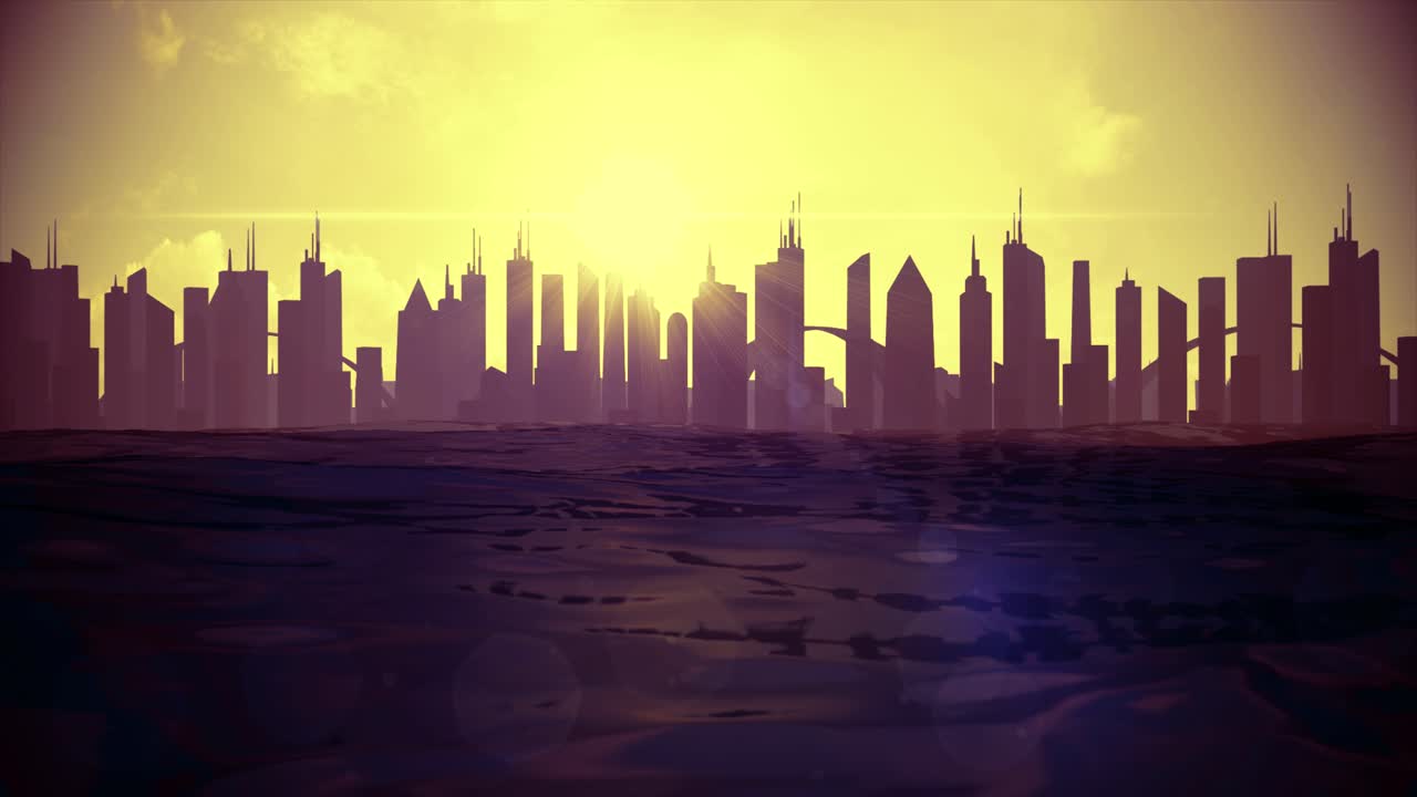 Cityscape skyline ocean rising sea level silhouette skyscraper future climate 4k